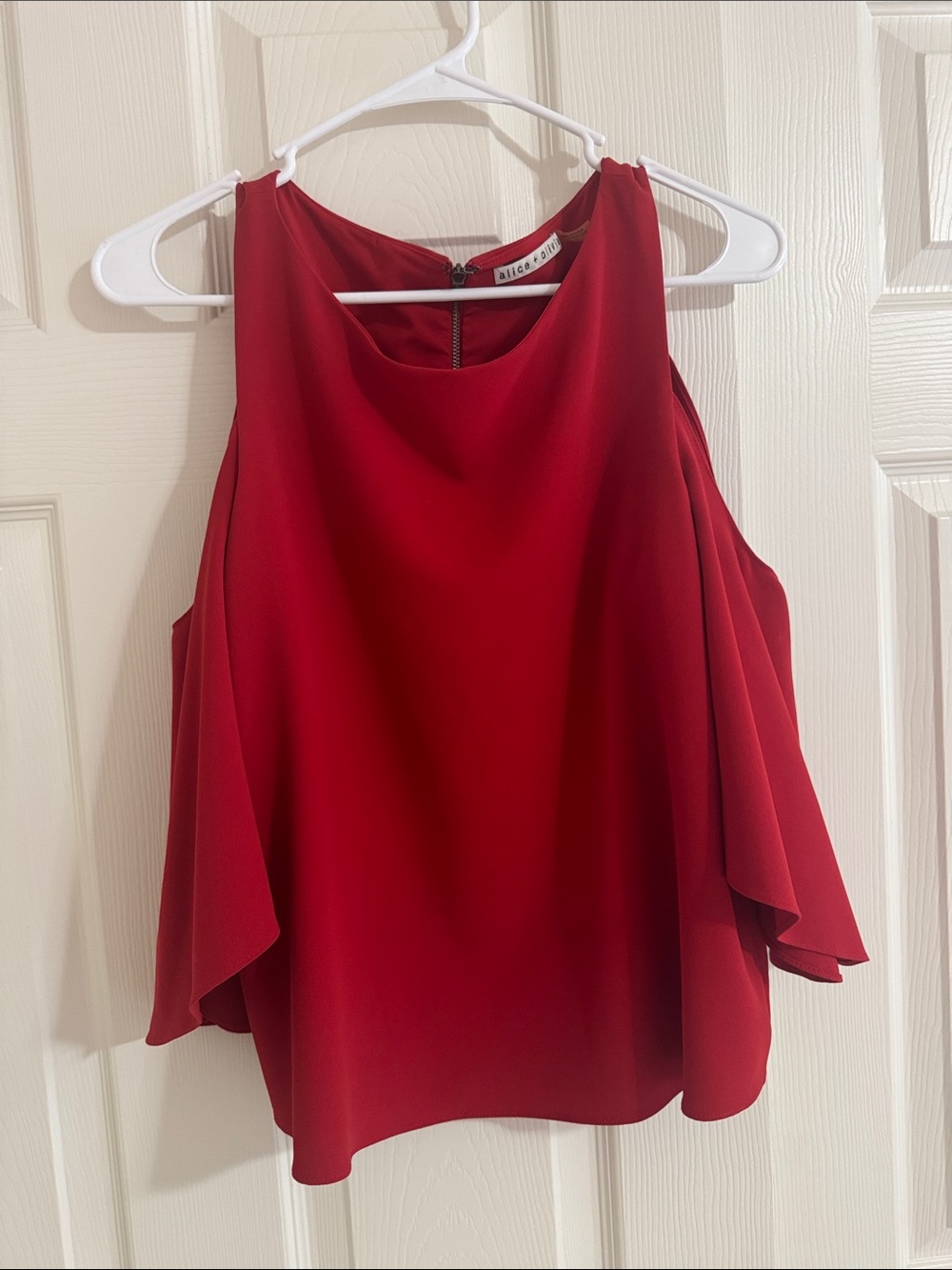 Alice + Olivia Crimson Red Cold-Shoulder Ruffle Blouse - Excellent size 10